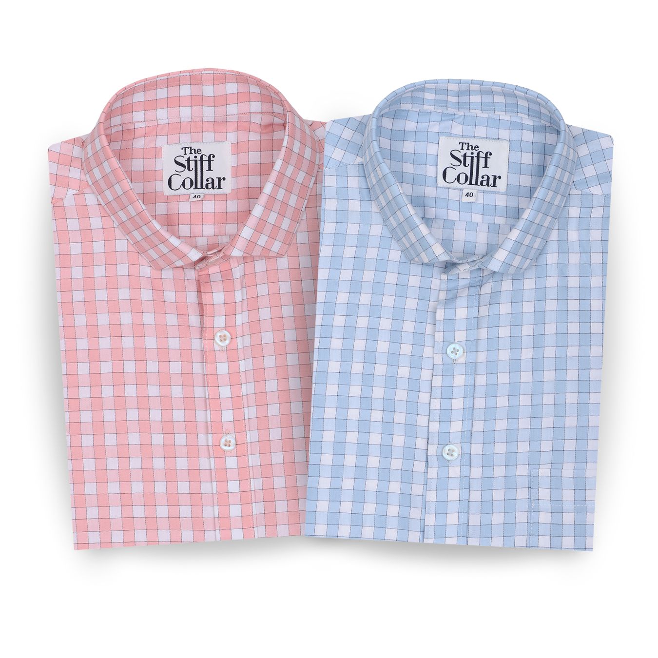 Pink and Blue Outlined Gingham Check 2 Ply Giza Cotton Shirt Combo Pack