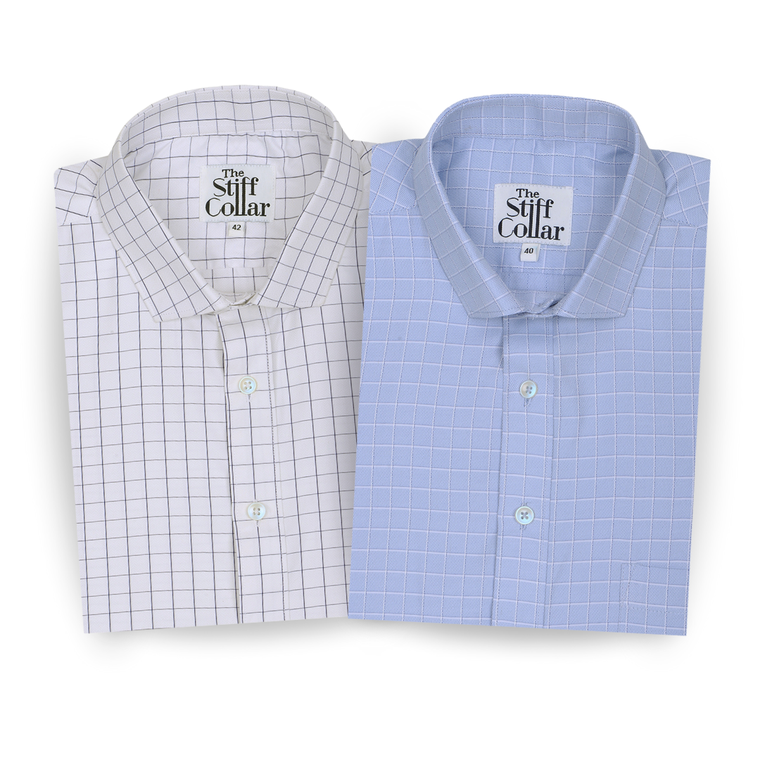 White and Blue Windowpane Check Cotton Shirt