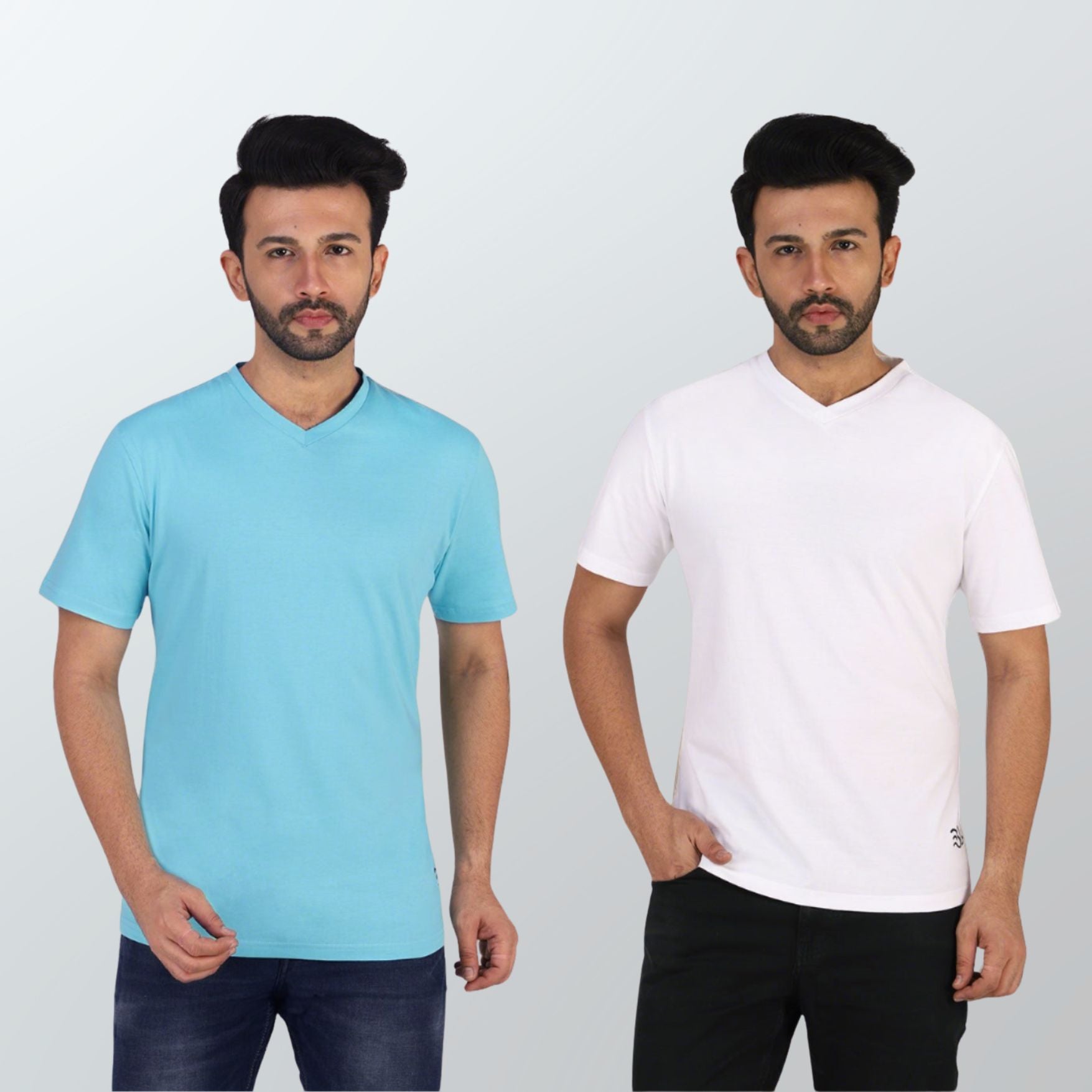 Premium 100% Cotton V Neck T-shirt Combo Pack Of 2 (Blue & White)