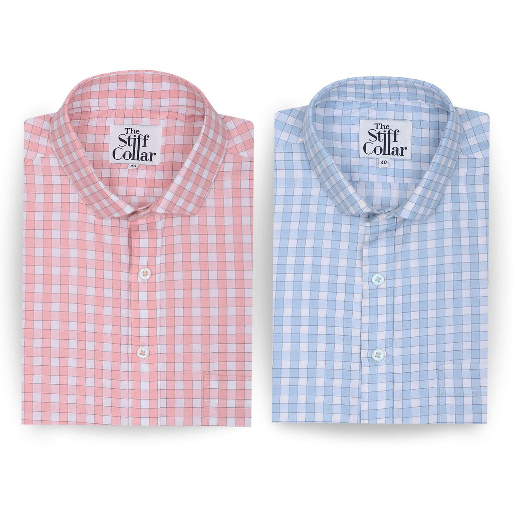 Pink and Blue Outlined Gingham Check 2 Ply Giza Cotton Shirt Combo Pack