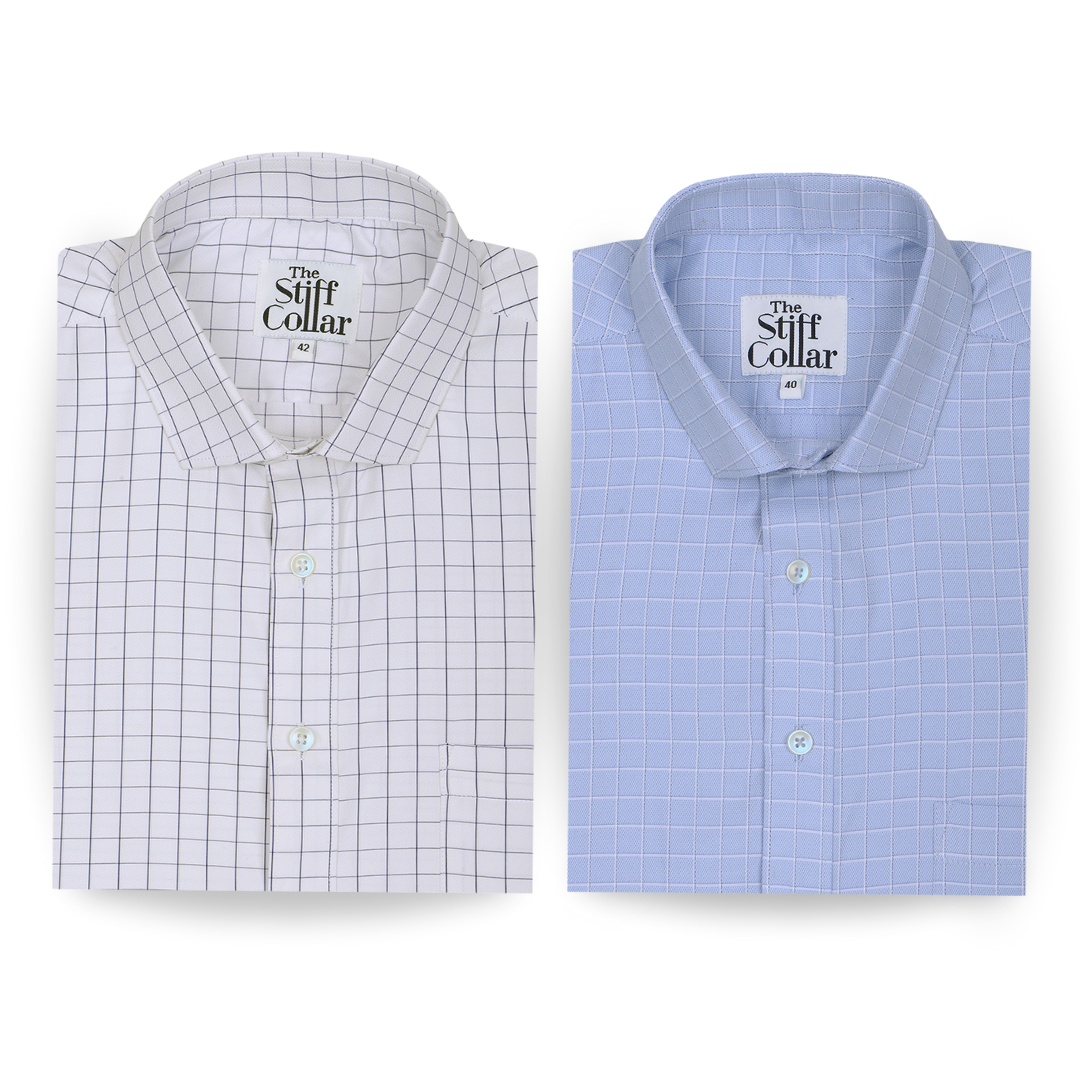 White and Blue Windowpane Check Cotton Shirt