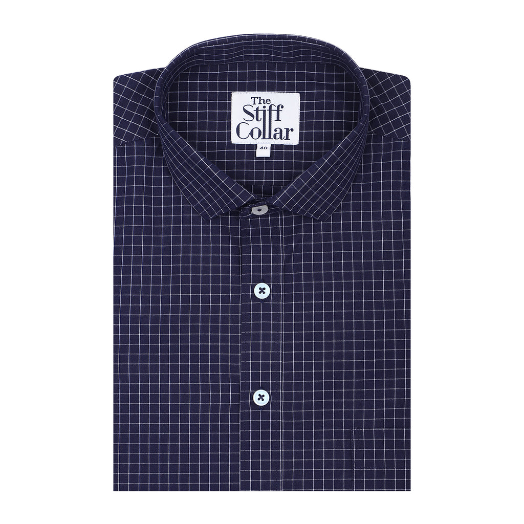 White Outlined Checks on Navy Regular Fit Cotton Shirt