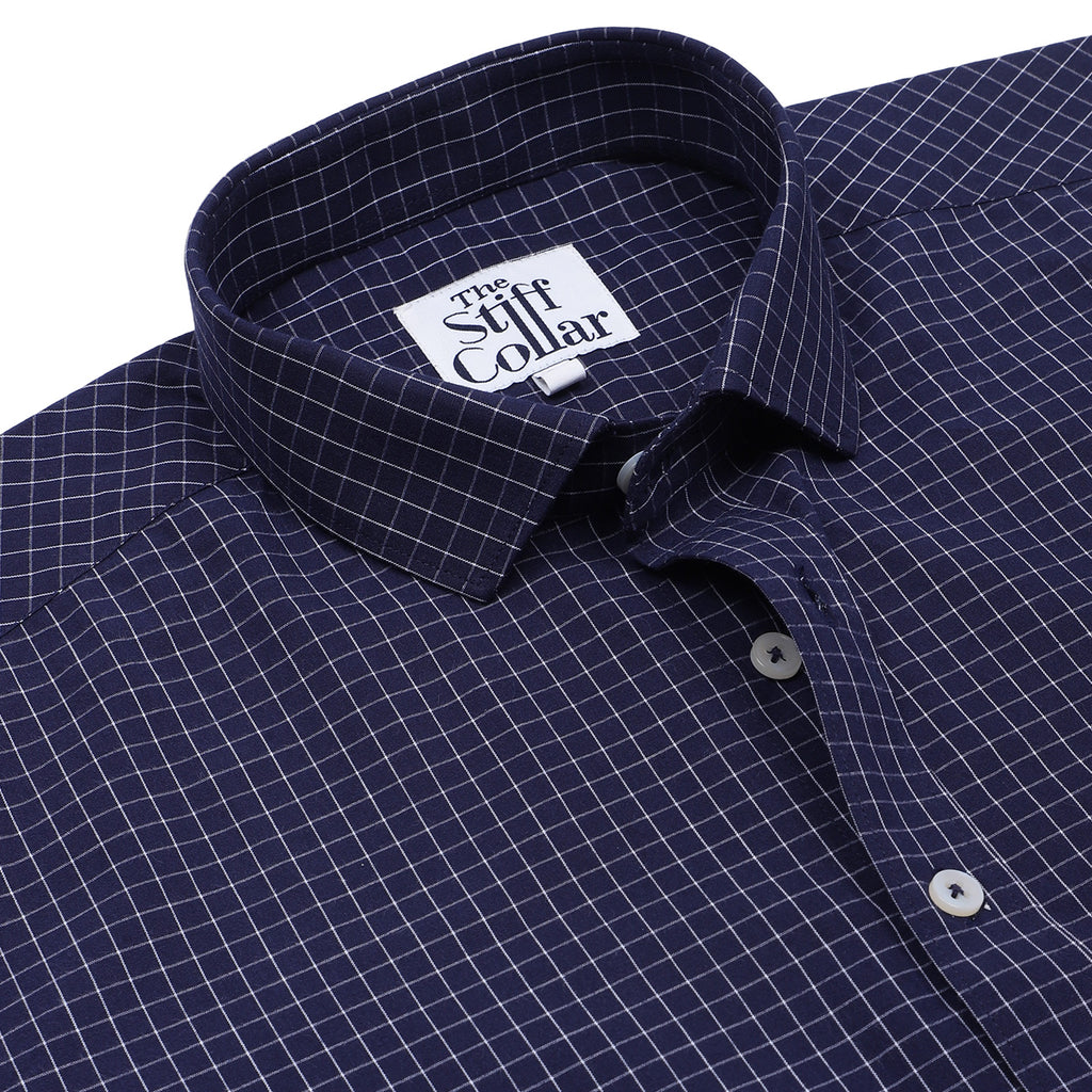 White Outlined Checks on Navy Regular Fit Cotton Shirt