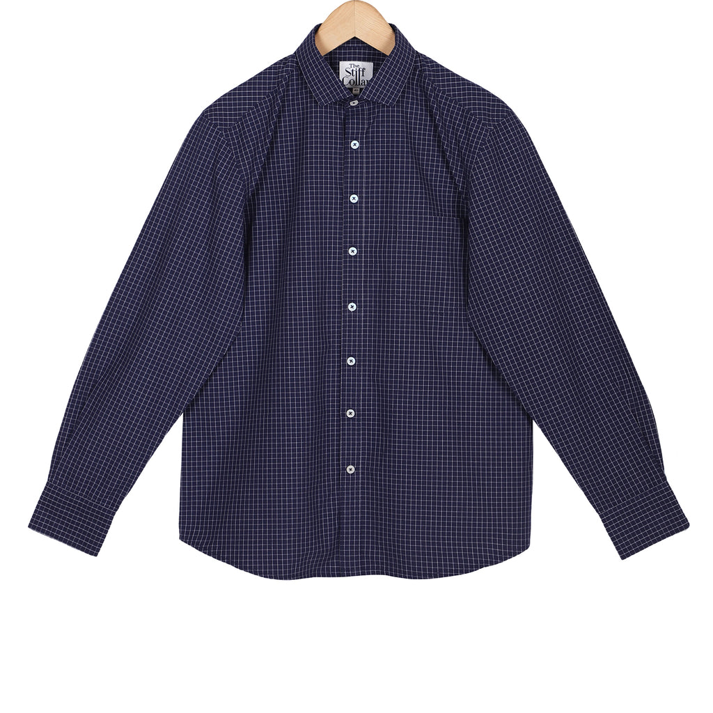 White Outlined Checks on Navy Regular Fit Cotton Shirt