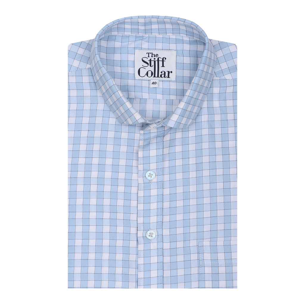 Ice Blue Outlined Gingham Check Regular Fit 2 Ply Giza Cotton Shirt