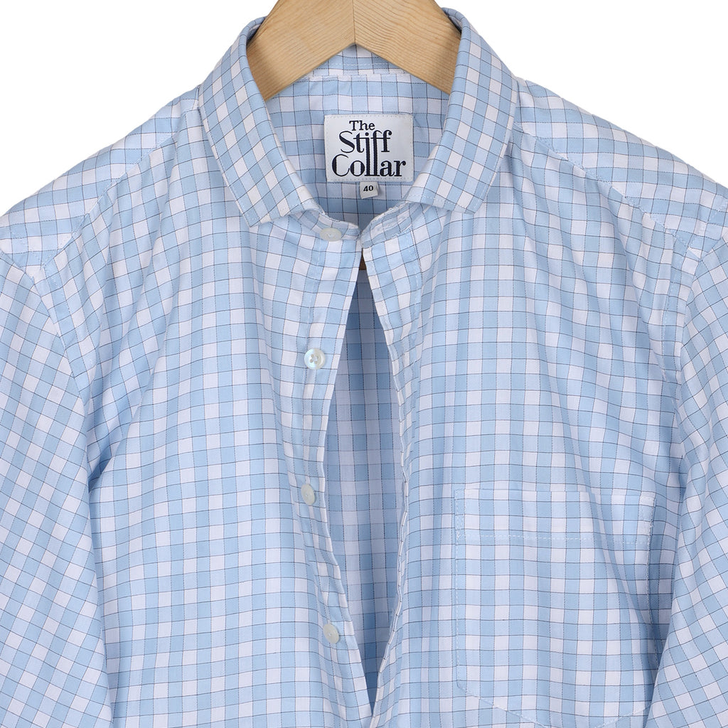 Ice Blue Outlined Gingham Check Regular Fit 2 Ply Giza Cotton Shirt