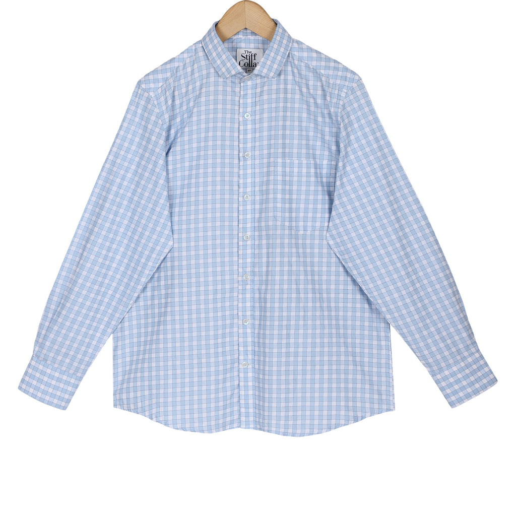 Ice Blue Outlined Gingham Check Regular Fit 2 Ply Giza Cotton Shirt