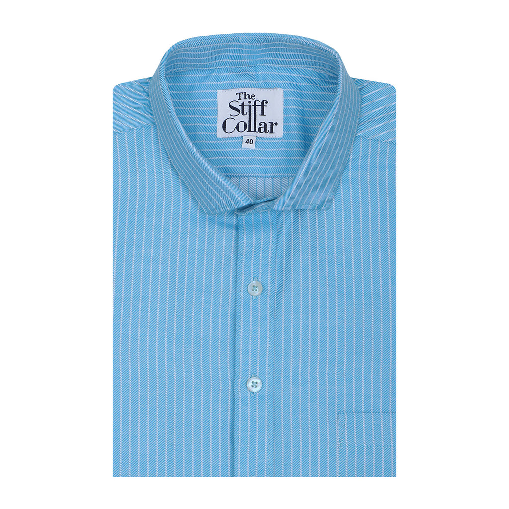 Aqua Blue Dobby Stripes Regular Fit 2 Ply Giza Cotton Shirt