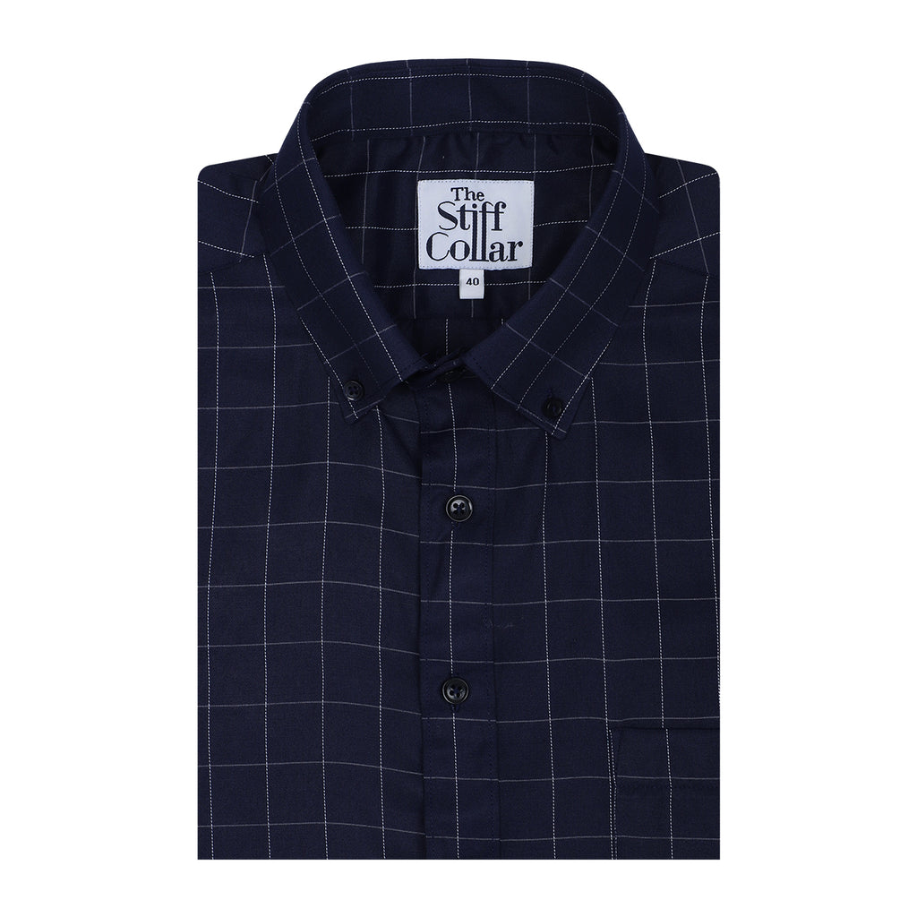 Navy Windowpane Check Button Down Cotton Shirt