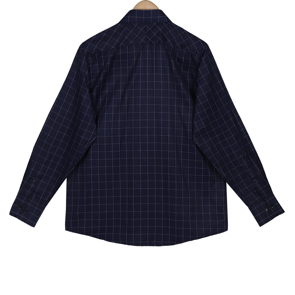 Navy Windowpane Check Button Down Cotton Shirt