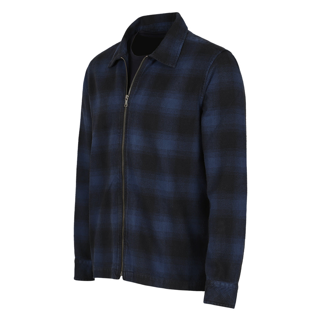 Todd Navy and Black Plaid Flannel Zip-Front Overshirt