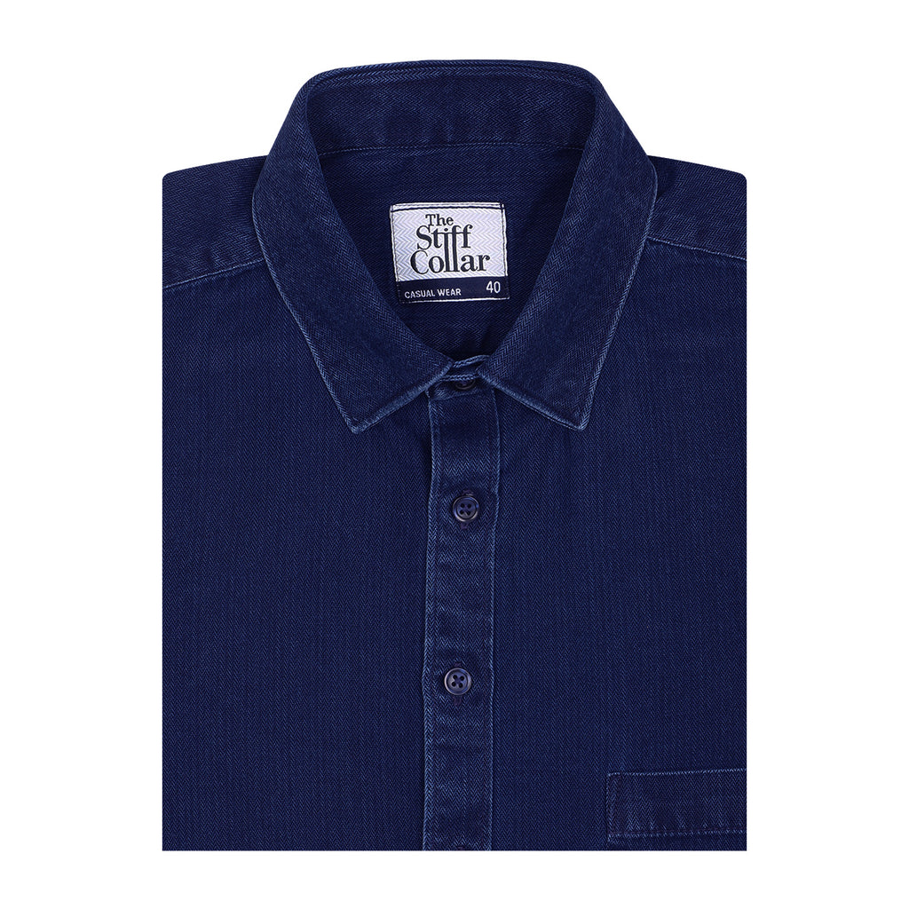 Indigo Blue Herringbone Denim Washed Regular Fit Shirt