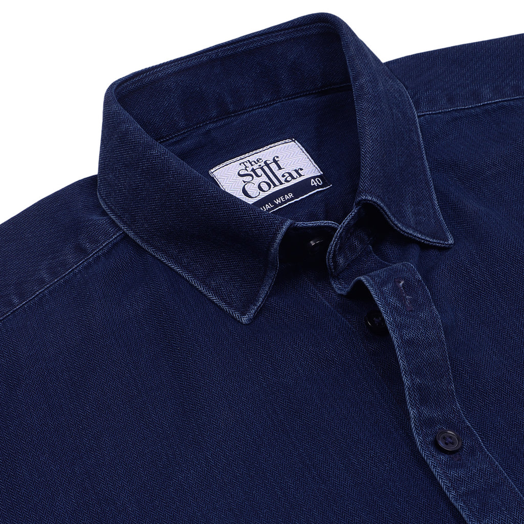 Indigo Blue Herringbone Denim Washed Regular Fit Shirt