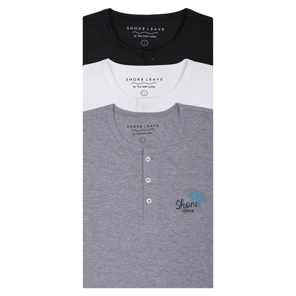 Premium 100% Cotton Henley T-shirt Combo Pack Of 3 (White, Grey, Black)