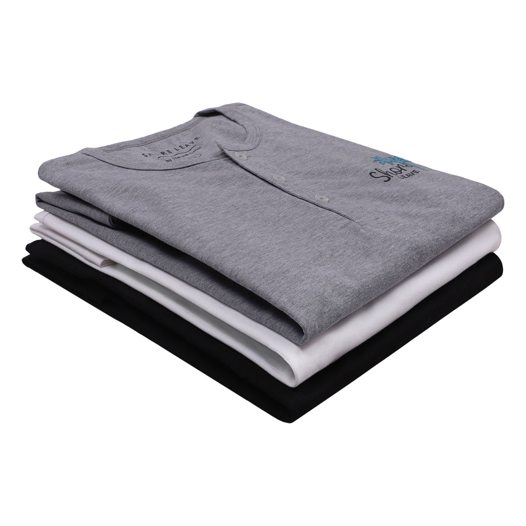 Premium 100 Cotton Henley T shirt Combo Pack Of 3 White Grey Black