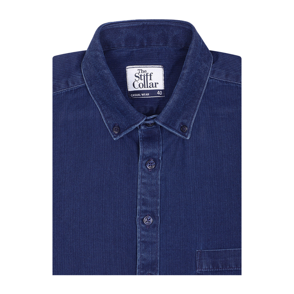 Indigo Blue Herringbone Denim Washed Button Down Collar Shirt