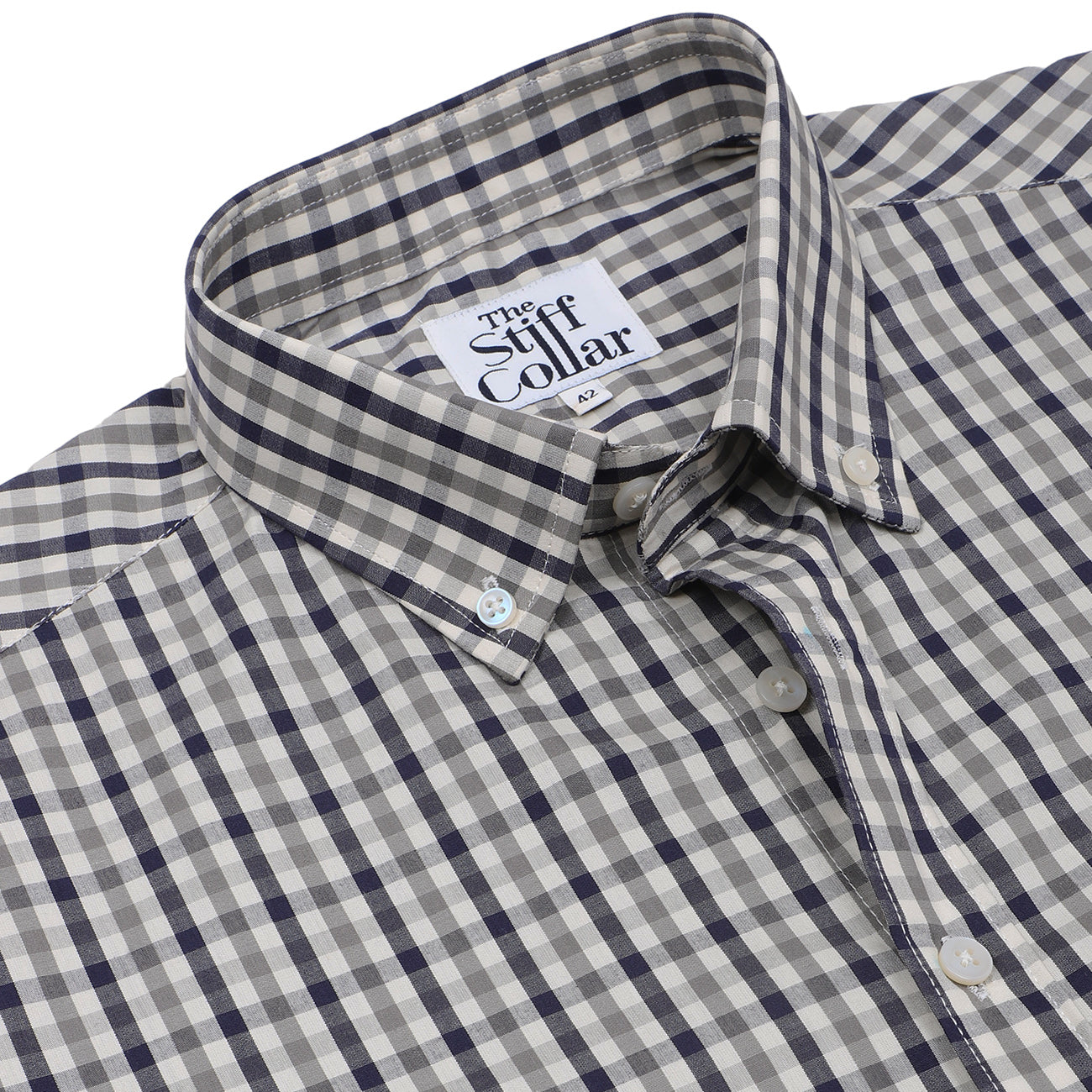 Mist Grey Gingham Check Button Down Cotton Shirt