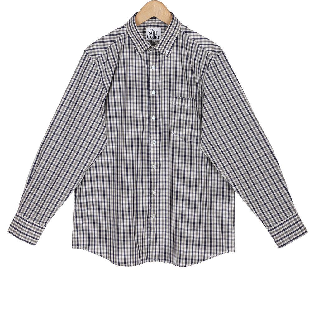 Mist Grey Gingham Check Button Down Cotton Shirt