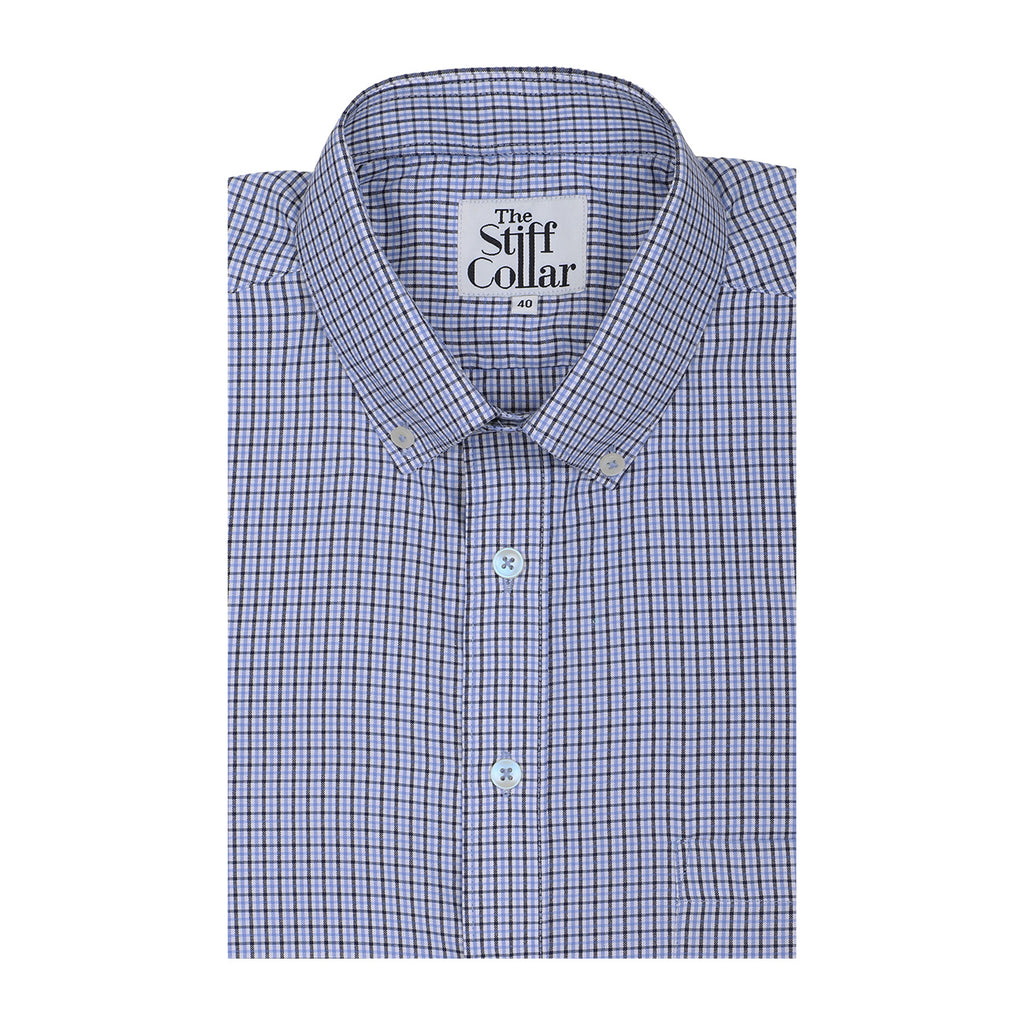 Navy Blue Microcheck Button Down Cotton Blend Shirt