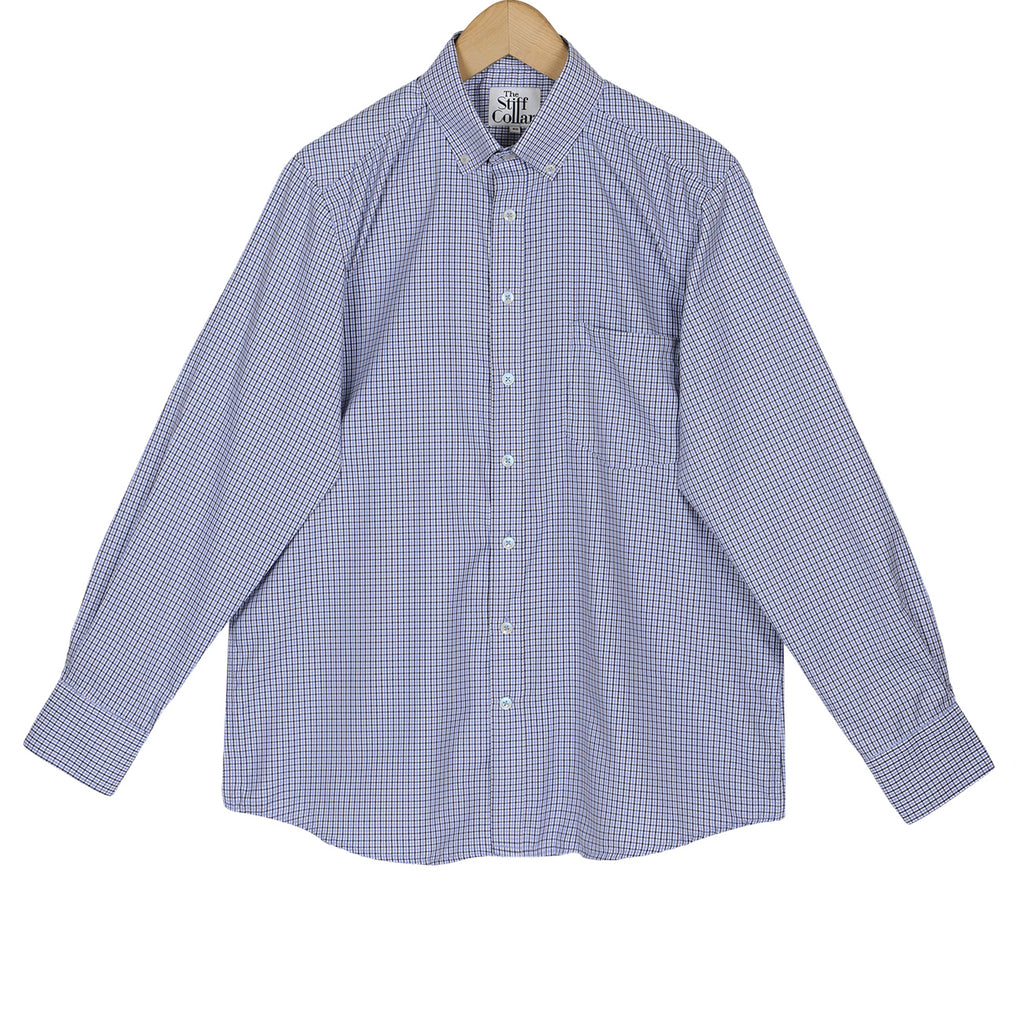 Navy Blue Microcheck Button Down Cotton Blend Shirt