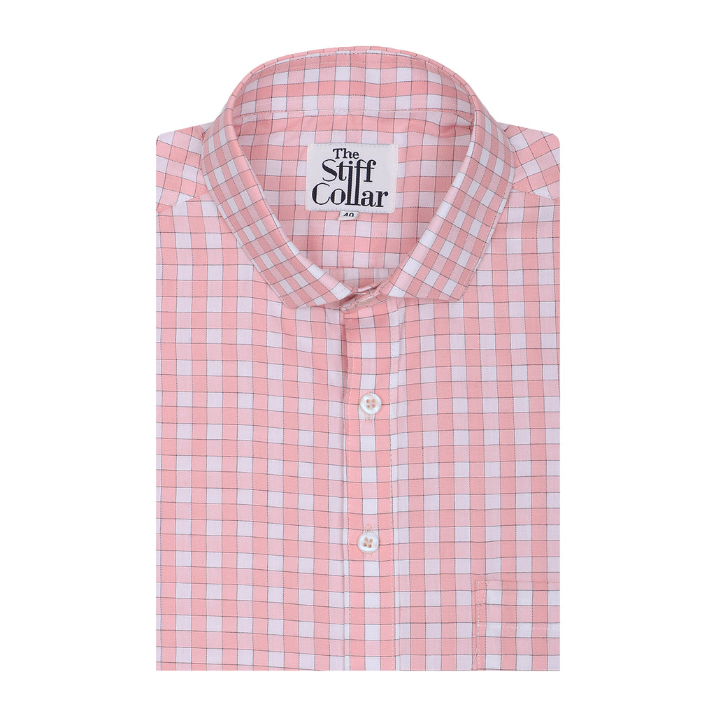 Baby Pink Outlined Gingham Check Regular Fit 2 Ply Giza Cotton Shirt