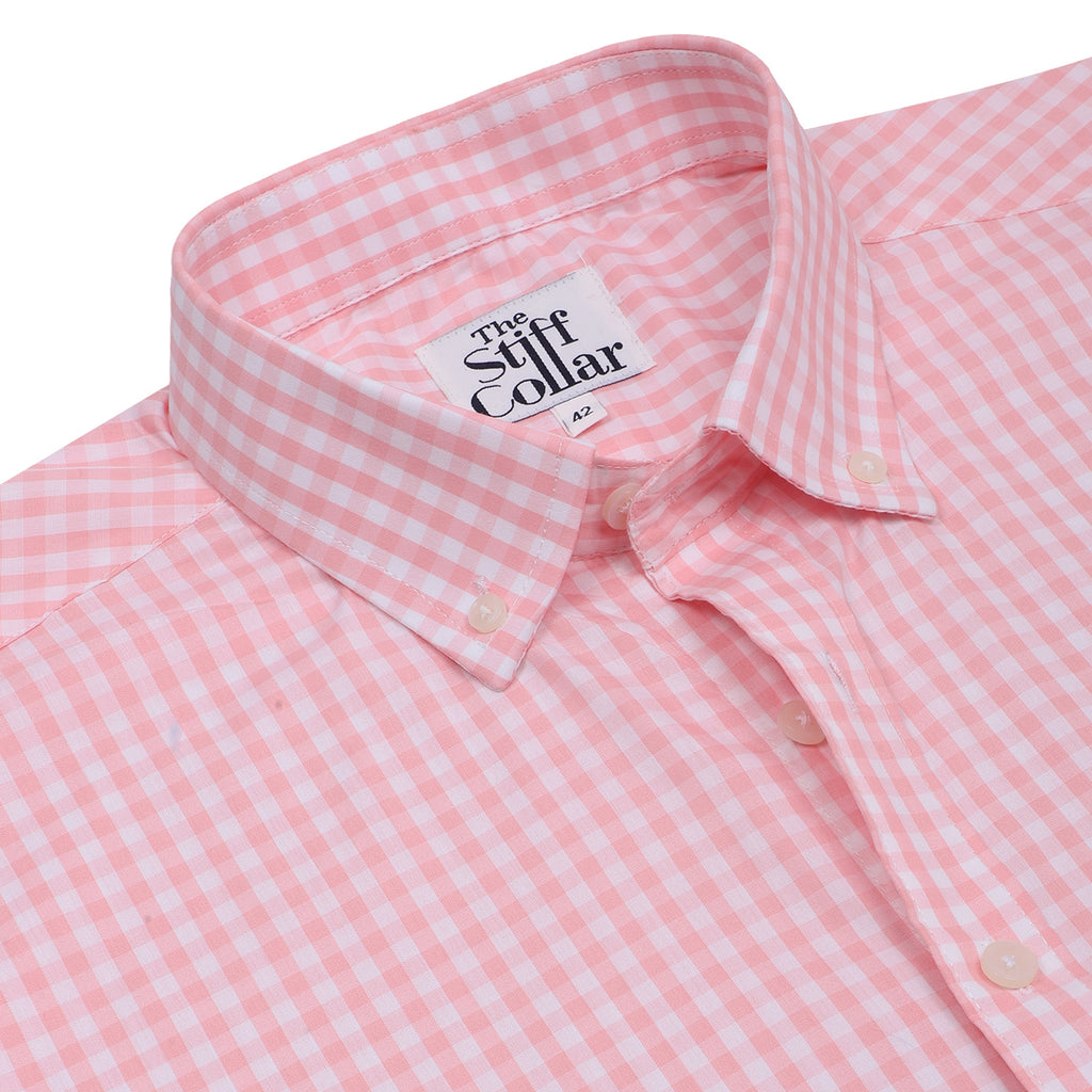 Powder Pink Gingham Check Button Down Cotton Shirt