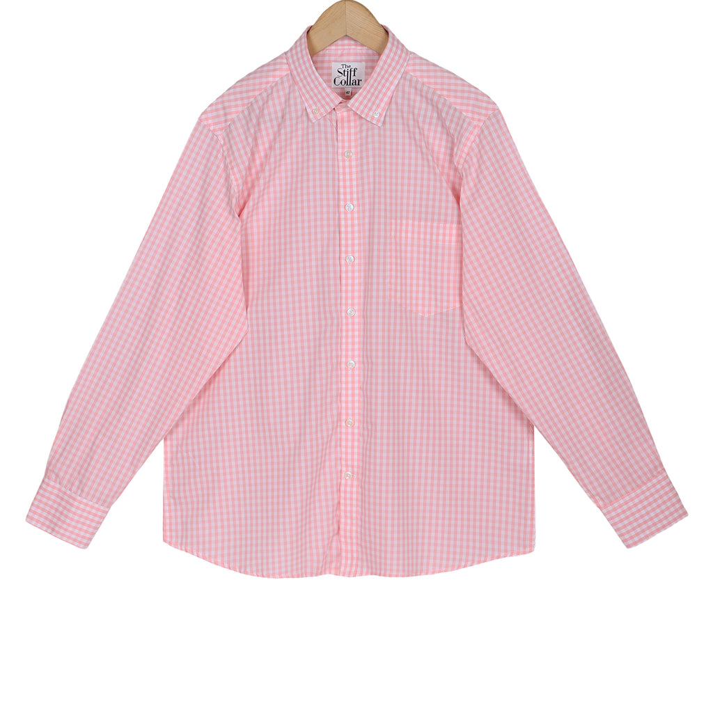 Powder Pink Gingham Check Button Down Cotton Shirt