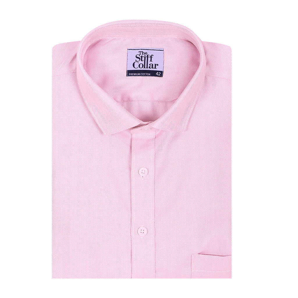 Baby Pink Herringbone Half Sleeve Giza Cotton Shirt