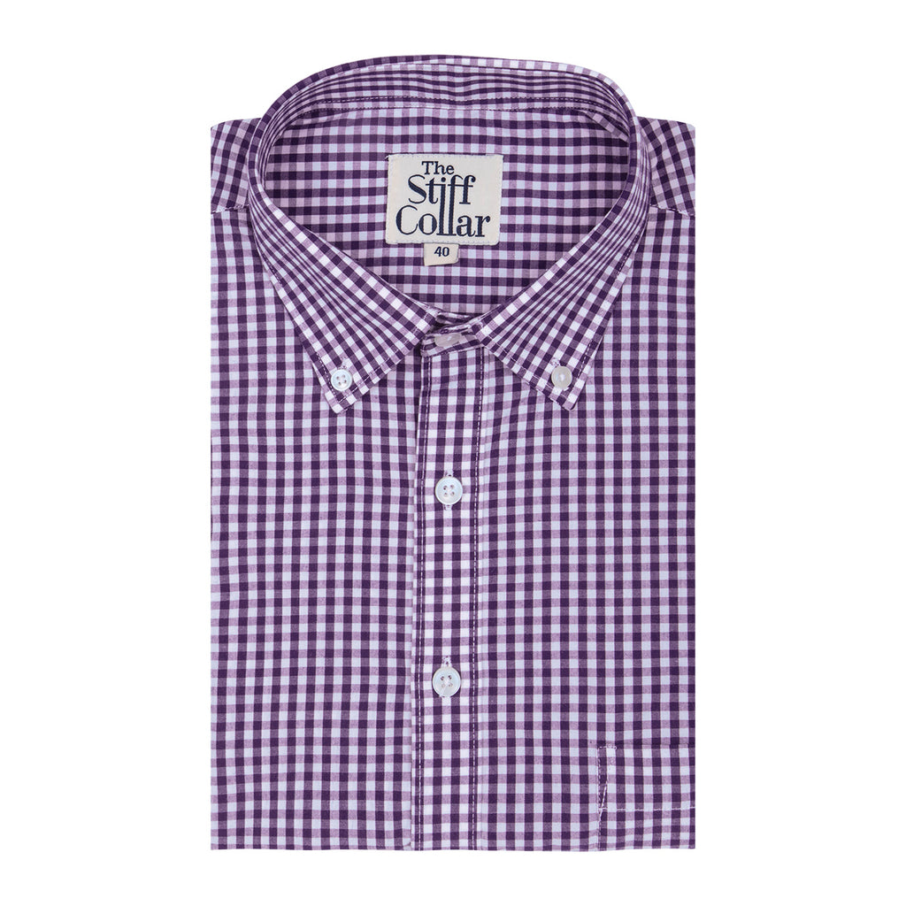 Purple Gingham Checks Button Down Cotton Blend Shirt