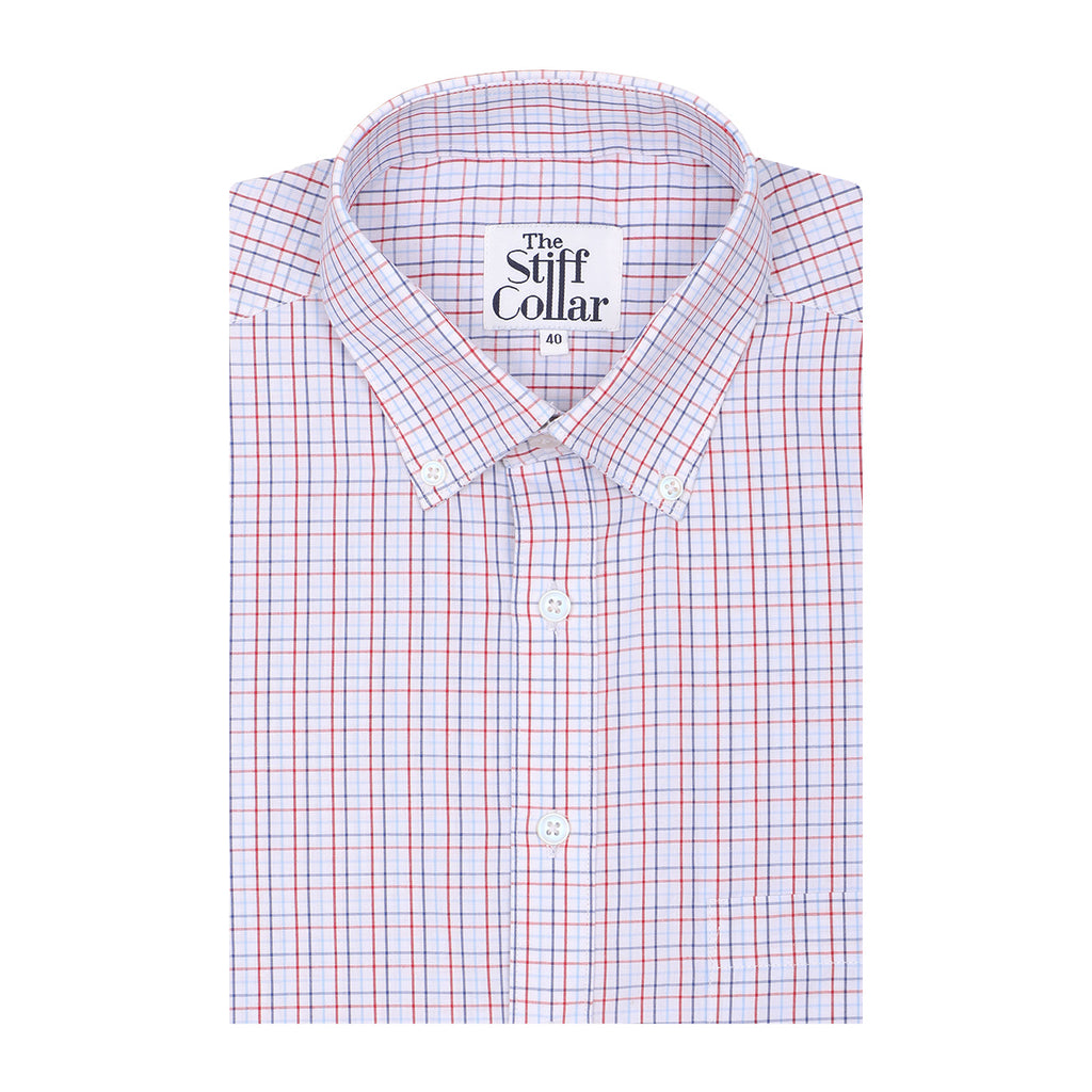 Red Blue Tattersall Checks Button Down Cotton Shirt