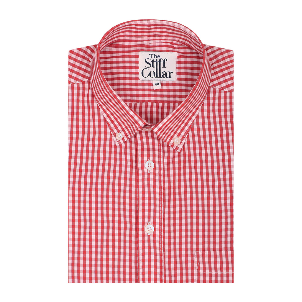 Red Gingham Checks Button Down Cotton Blend Shirt