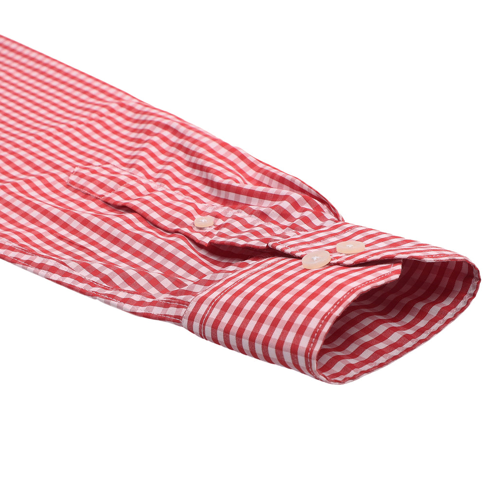 Red Gingham Checks Button Down Cotton Blend Shirt