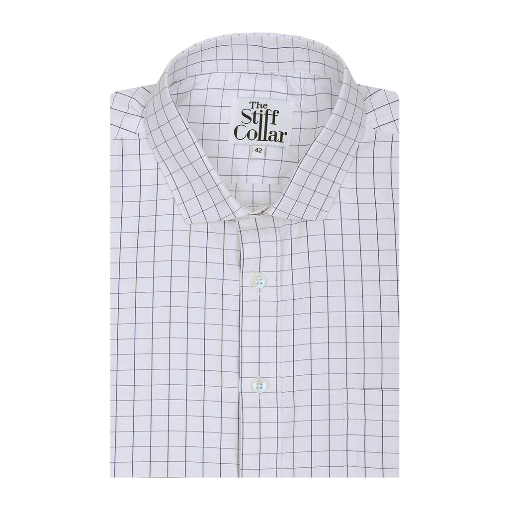 White Herringbone Windowpane Check Regular Fit Cotton Shirt