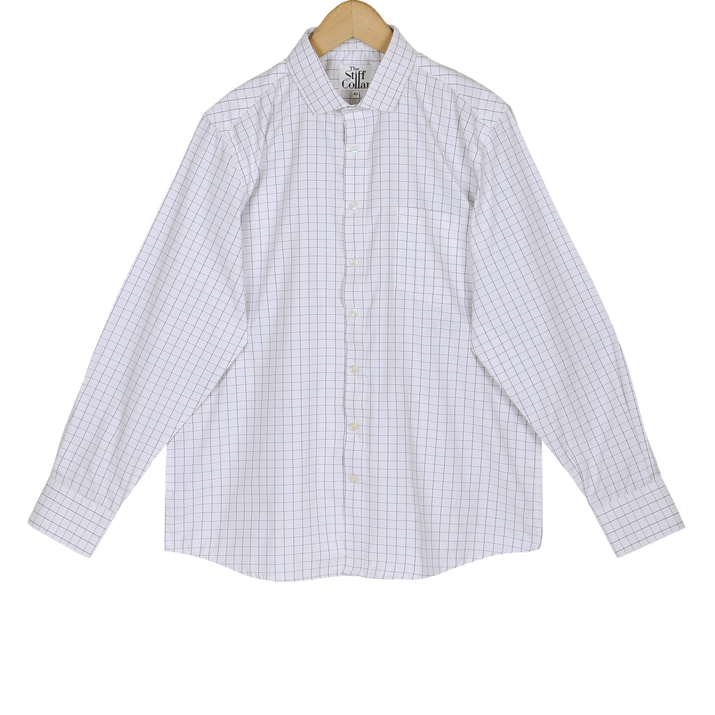 White Herringbone Windowpane Check Regular Fit Cotton Shirt