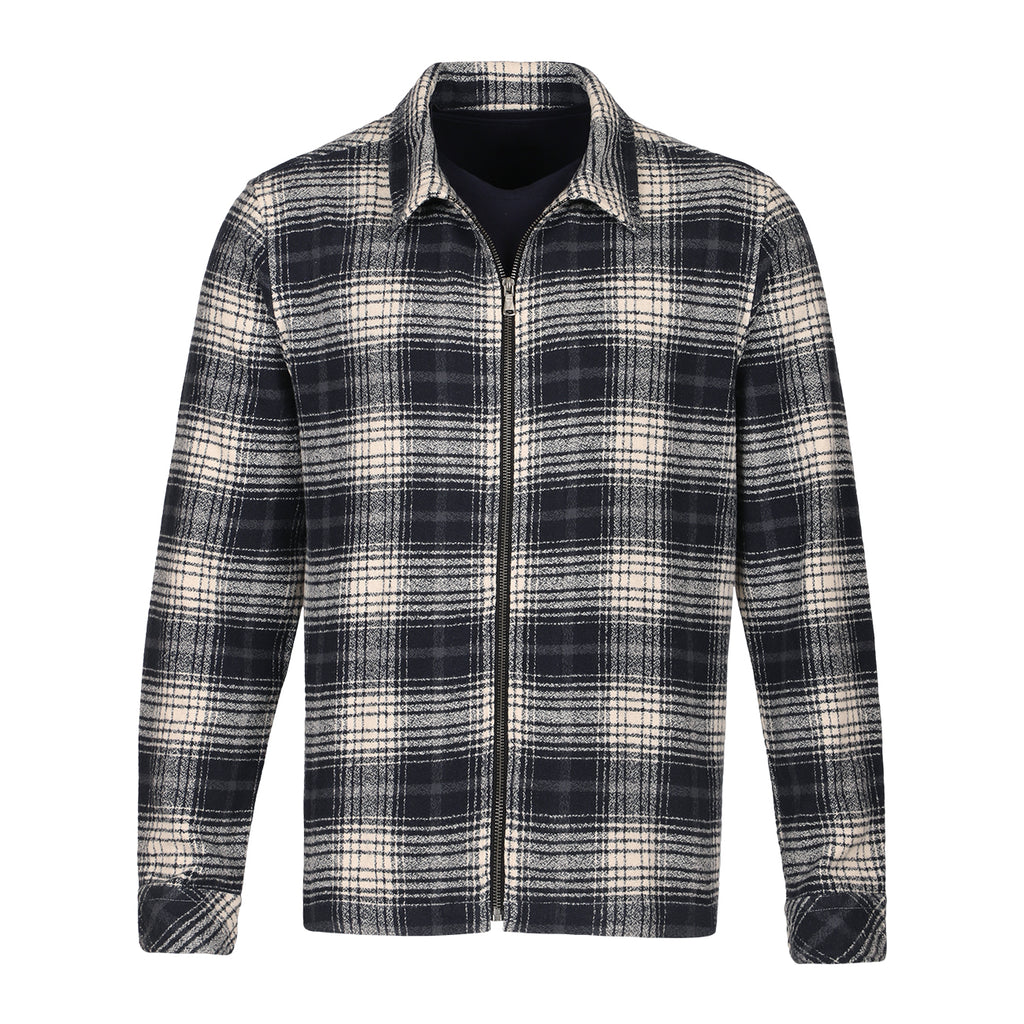 Keith Ecru and Black Plaid Flannel Zip-Front Overshirt