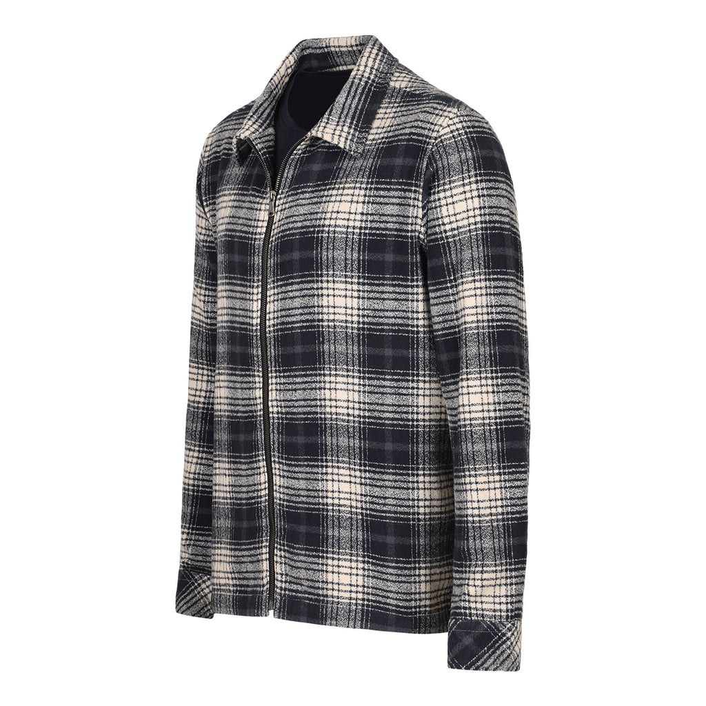 Keith Ecru and Black Plaid Flannel Zip-Front Overshirt