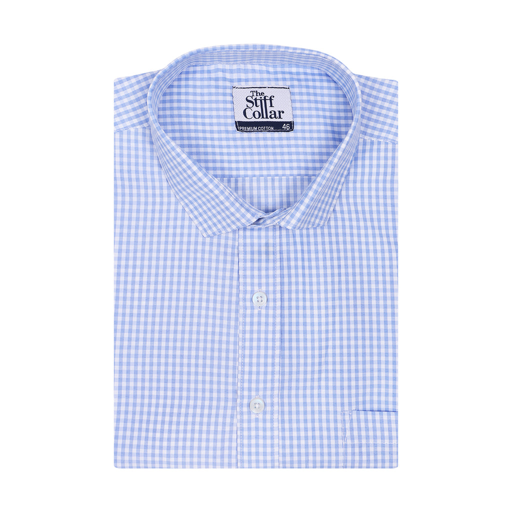 Signal Blue Gingham Checks Non-Iron Half Sleeve Shirt