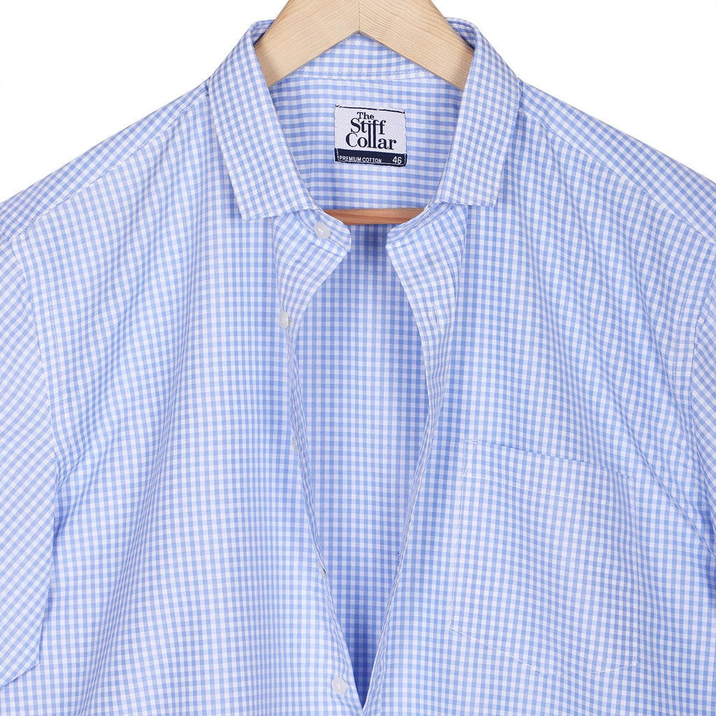 Signal Blue Gingham Checks Non-Iron Half Sleeve Shirt