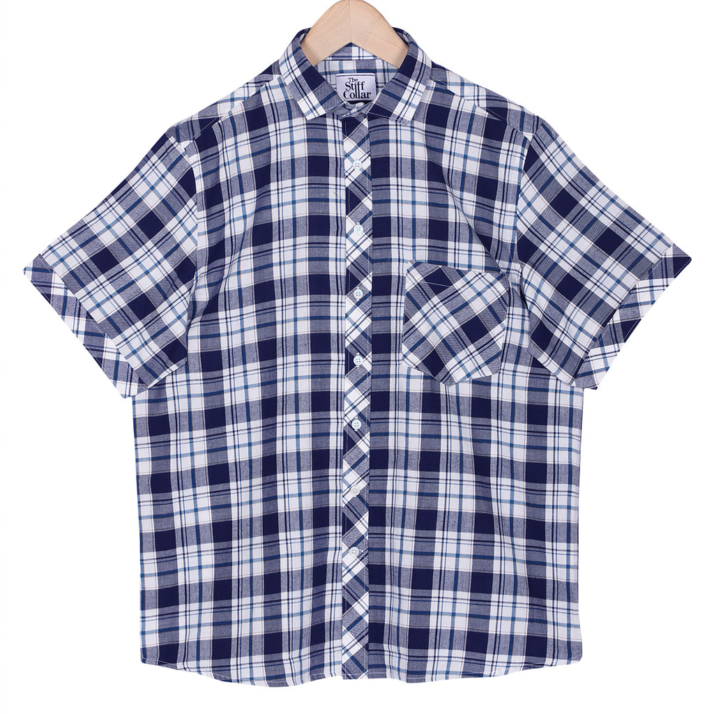 Navy Tartan Checks Half Sleeves Brushed Cotton Casual Shirt