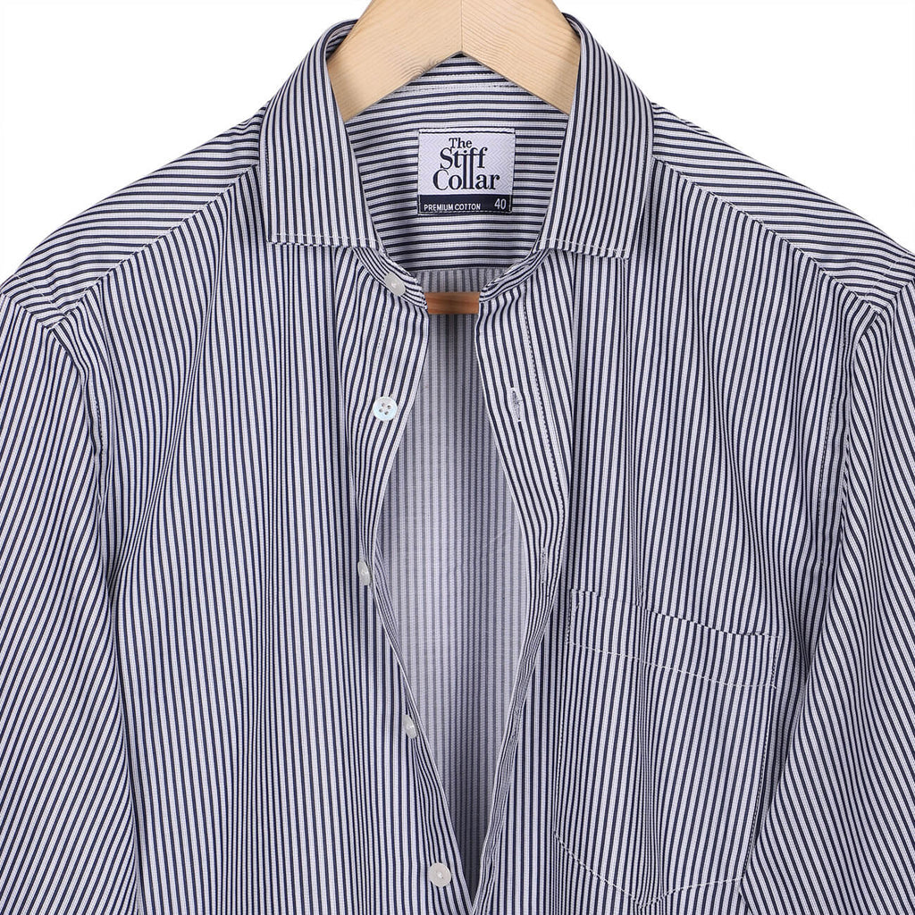 Monti French Navy Blue Stripes Satin Cotton Shirt –